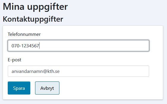 skärmdump: Kontaktuppgifter: ange ditt telefonnummer och din e-postadress