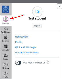 Canvasmenyn och en pil som pekar på "Konto" (Account).