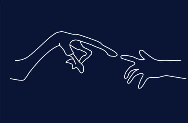 Två tecknade händer som möts på blå bakgrund.