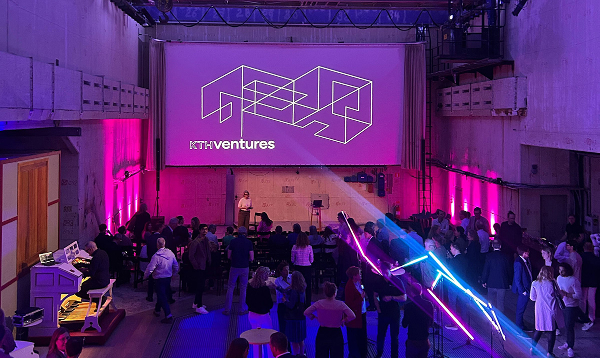 The KTH Reactor hall in purple light. The KTH Ventures logo is visible on the wall.