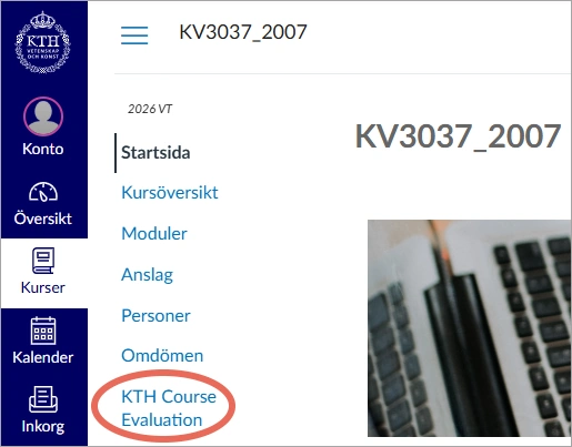 Menyn i ett kursrum i Canvas. Längst ned finns "KTH Course Evaluation"