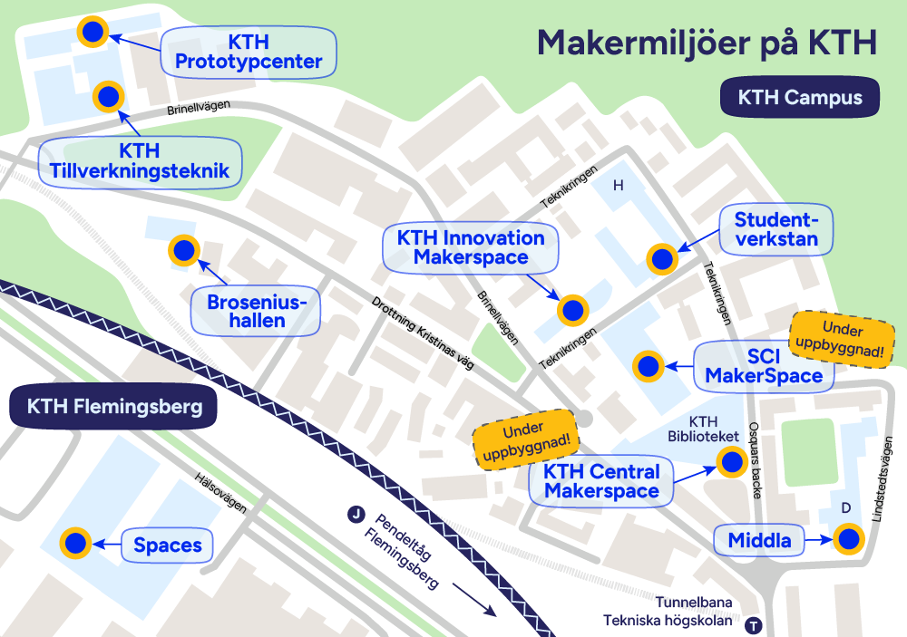 Karta som visar alla KTH:s makermiljöer.
