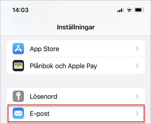 E-post knappen i Inställningarna är markerad