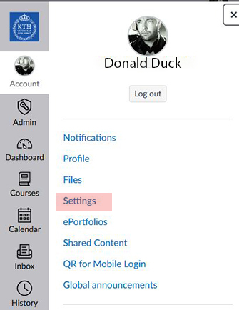 Att välja settings i Canvas när den är på engelska